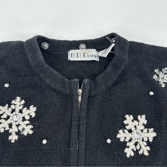 VINTAGE Christmas Sweater Snowglobe Snowflake Zip Up Cotton Medium Ugly Black - Picture 4 of 9